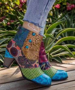Geometric And Floral Print Heel Bootie Ankle Boots- Soffia Shoes