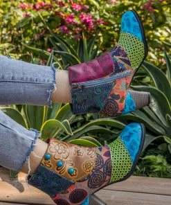 Geometric And Floral Print Heel Bootie Ankle Boots- Soffia Shoes