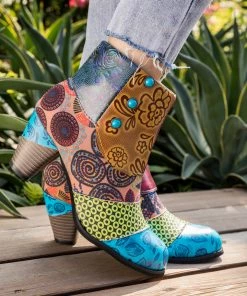 Geometric And Floral Print Heel Bootie Ankle Boots- Soffia Shoes
