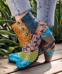 Geometric And Floral Print Heel Bootie Ankle Boots- Soffia Shoes