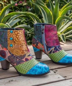 Geometric And Floral Print Heel Bootie Ankle Boots- Soffia Shoes