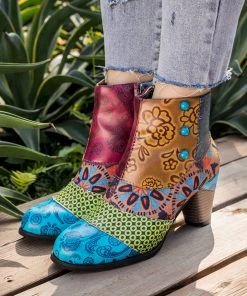 Geometric And Floral Print Heel Bootie Ankle Boots- Soffia Shoes