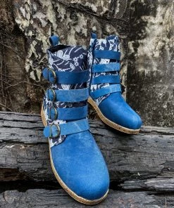 YL Denim Blue Floral Embroidered Bootie Ankle Boots - En Bloom Shoes