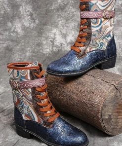 YL New In Shoes En Bloom | Embossed Aboriginal Art Print Ankle Combat Boots - Blue