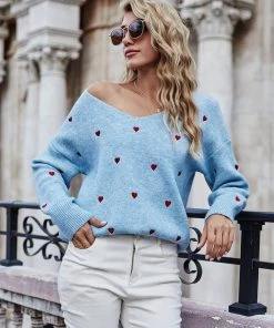 MY Smaibulun | Valentine Hearts Low V Neck Knit Sweater - Blue NEW ARRIVALS