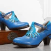 RXD SOFFIA | Turquoise Genuine Leather Cut Out Vintage Mary Jane Heeled Pumps