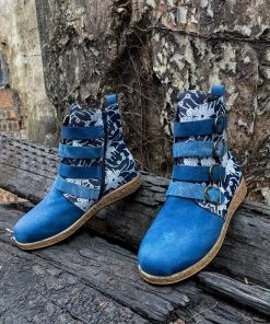 YL Denim Blue Floral Embroidered Bootie Ankle Boots - En Bloom Shoes