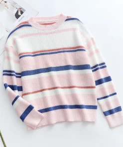 MY NEW ARRIVALS Smaibulun | Pink Blue Orange Stripe Crew Neck Knit Top