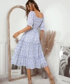 DY OWENA Square Neck Midi Dress - Blue