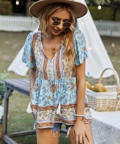 DY JEN BOHO TOP - BLUE New In Clothing