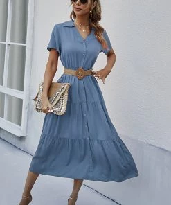 DY EMILY Front Button Midi Dress - Blue NEW ARRIVALS