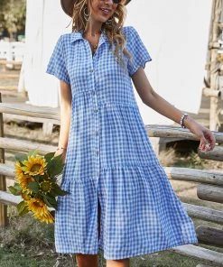 DY New In Clothing DARLEEN TARTAN SHIRT DRESS – BLUE