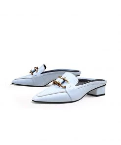 Jady Rose JadyRose | Genuine Leather Golden Lock Chain Mules Sandals - Baby Blue NEW ARRIVALS