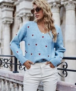 MY Smaibulun | Valentine Hearts Low V Neck Knit Sweater - Blue NEW ARRIVALS