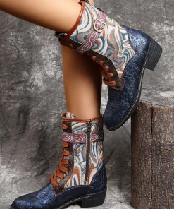 YL New In Shoes En Bloom | Embossed Aboriginal Art Print Ankle Combat Boots - Blue