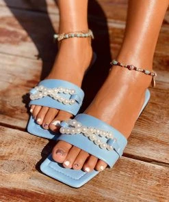 HT NEW ARRIVALS En Bloom | Blue Pearl Chain Slides Flat Sandals