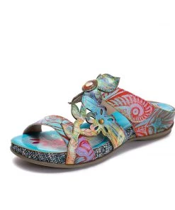RXD Genuine Leather Tie-Dye Garden Print Elegant Sandals Slides - Soffia