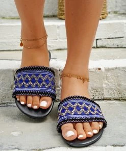 HT En Bloom | SAPPHIRE BLUE EMBROIDERED SLIDES