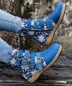 YL Denim Blue Floral Embroidered Bootie Ankle Boots - En Bloom Shoes