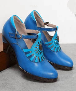 RXD SOFFIA | Turquoise Genuine Leather Cut Out Vintage Mary Jane Heeled Pumps