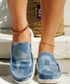HT En Bloom | Blue Puzzle Print Canvas Boat Loafers Sip On Flats