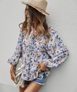 DY New In Clothing DUA LIPA FLORAL TOP - BLUE