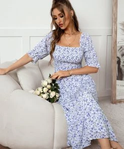 DY OWENA Square Neck Midi Dress - Blue