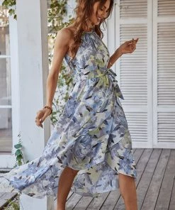 DY TOBI Lily Print Halter Dress - Blue