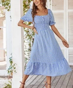 DY ELOISA Back Bow Midi Dress - Blue Gingham New In Clothing 10 DY ELOISA Back Bow Midi Dress - Blue Gingham New In Clothing