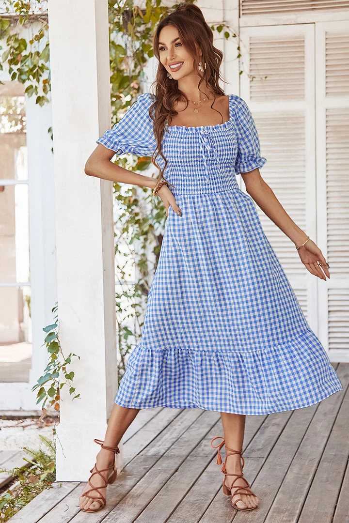 DY ELOISA Back Bow Midi Dress - Blue Gingham New In Clothing 4 DY ELOISA Back Bow Midi Dress - Blue Gingham New In Clothing