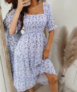 DY OWENA Square Neck Midi Dress - Blue