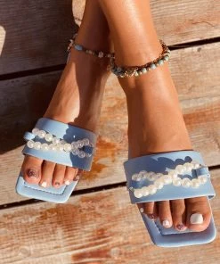 HT NEW ARRIVALS En Bloom | Blue Pearl Chain Slides Flat Sandals