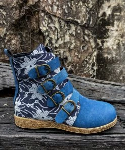 YL Denim Blue Floral Embroidered Bootie Ankle Boots - En Bloom Shoes