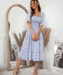 DY OWENA Square Neck Midi Dress - Blue