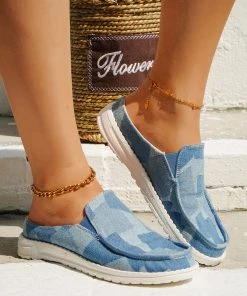 HT En Bloom | Blue Puzzle Print Canvas Boat Loafers Sip On Flats