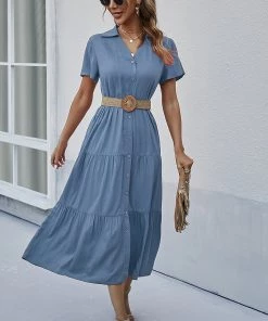 DY EMILY Front Button Midi Dress - Blue NEW ARRIVALS