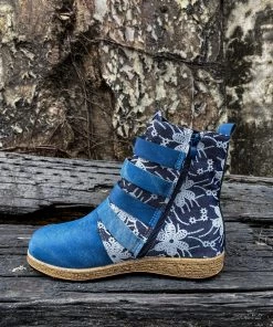 YL Denim Blue Floral Embroidered Bootie Ankle Boots - En Bloom Shoes