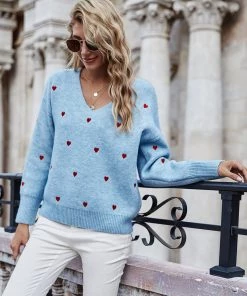 MY Smaibulun | Valentine Hearts Low V Neck Knit Sweater - Blue NEW ARRIVALS