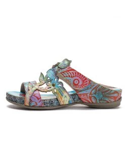 RXD Genuine Leather Tie-Dye Garden Print Elegant Sandals Slides - Soffia