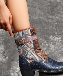 YL New In Shoes En Bloom | Embossed Aboriginal Art Print Ankle Combat Boots - Blue