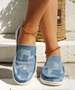 HT En Bloom | Blue Puzzle Print Canvas Boat Loafers Sip On Flats