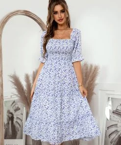 DY OWENA Square Neck Midi Dress - Blue