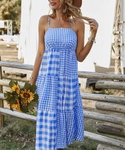 DY MARGARETTA Tartan Midi Dress - Bue New In Clothing 10 DY MARGARETTA Tartan Midi Dress - Bue New In Clothing