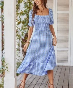 DY ELOISA Back Bow Midi Dress - Blue Gingham New In Clothing 12 DY ELOISA Back Bow Midi Dress - Blue Gingham New In Clothing
