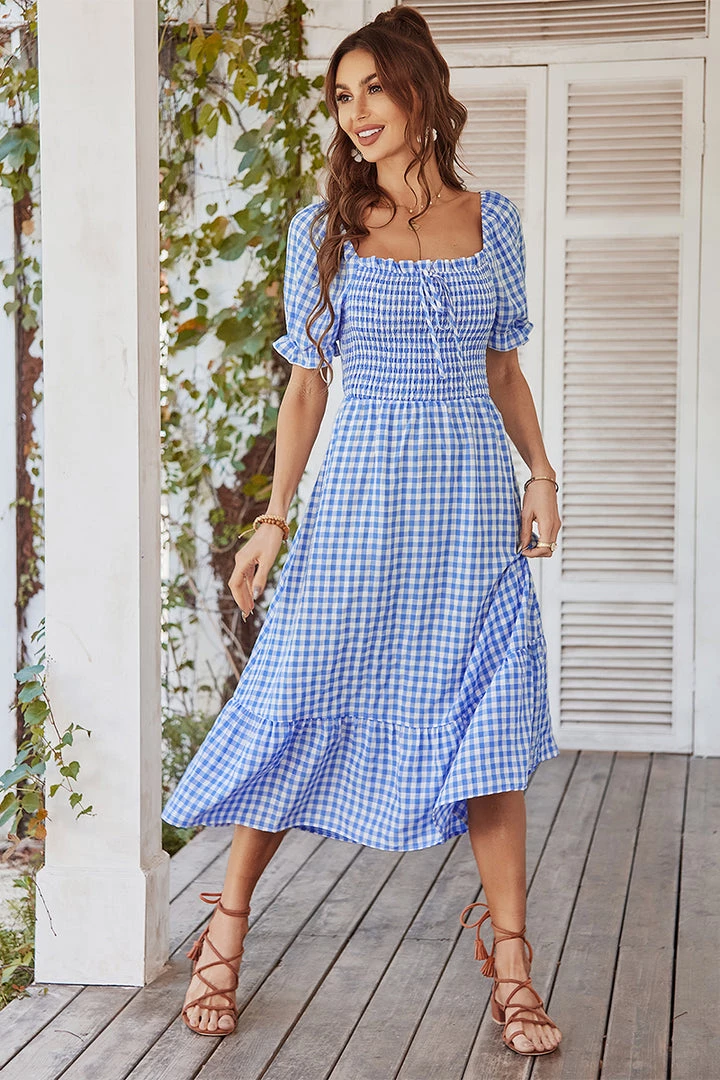 DY ELOISA Back Bow Midi Dress - Blue Gingham New In Clothing 6 DY ELOISA Back Bow Midi Dress - Blue Gingham New In Clothing