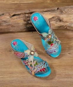RXD Genuine Leather Tie-Dye Garden Print Elegant Sandals Slides - Soffia