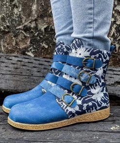 YL Denim Blue Floral Embroidered Bootie Ankle Boots - En Bloom Shoes