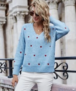 MY Smaibulun | Valentine Hearts Low V Neck Knit Sweater - Blue NEW ARRIVALS