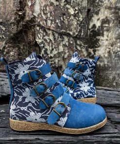 YL Denim Blue Floral Embroidered Bootie Ankle Boots - En Bloom Shoes