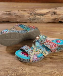 RXD Genuine Leather Tie-Dye Garden Print Elegant Sandals Slides - Soffia